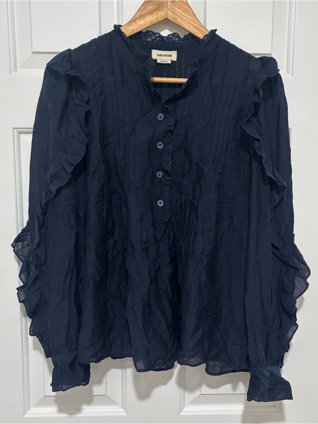 Zadig & Voltaire Tomboy Deluxe Blouse Top Ruffle Pintuck High Neck Navy Medium